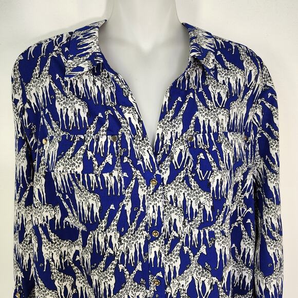 Charter Club Shirt Womens Large Giraffe Safari Print Button Blue Long Tab Sleeve - Picture 3 of 11
